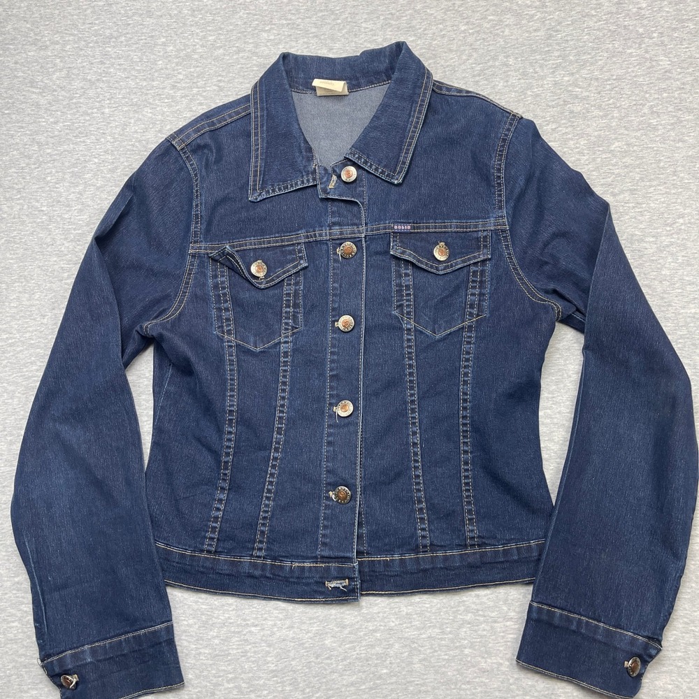 SOLID Jeans Womens L Denim Jacket Button Dark Wash Stretch Blue Cotton Trucker